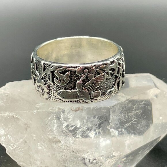 Boho Hummingbird and Flowers Band Ring #1219 - Picture 7 of 7